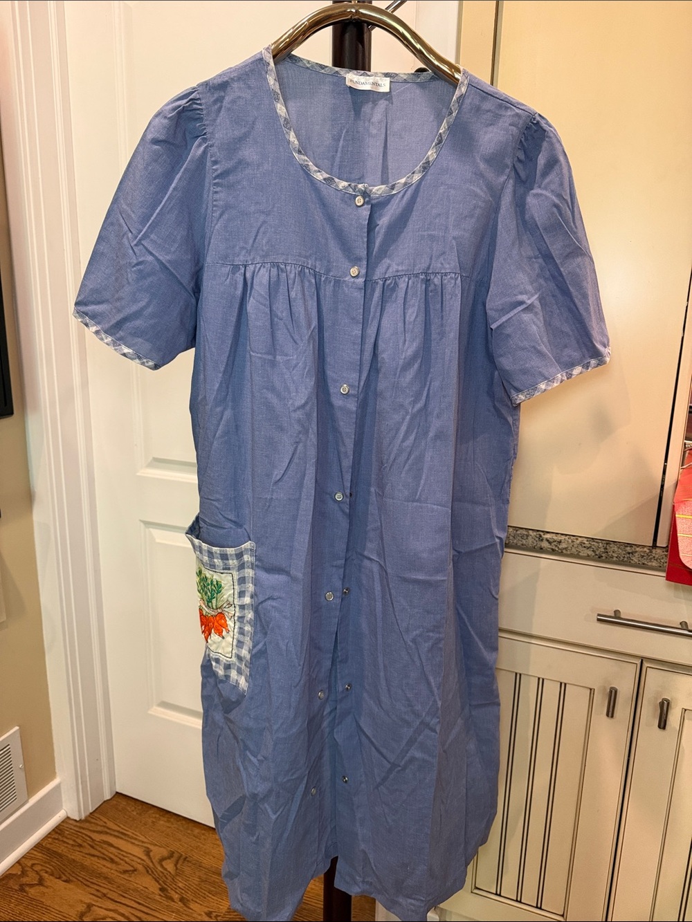 Blue Button-Front Housecoat Robe with Embroidered Carrot Pocket